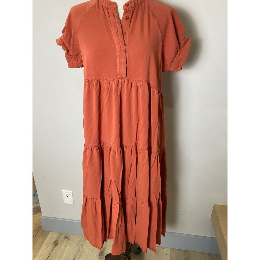 Bohme Rust Orange Tiered Midi‎ Dress Womens Small Short Sleeve Henley Babydoll